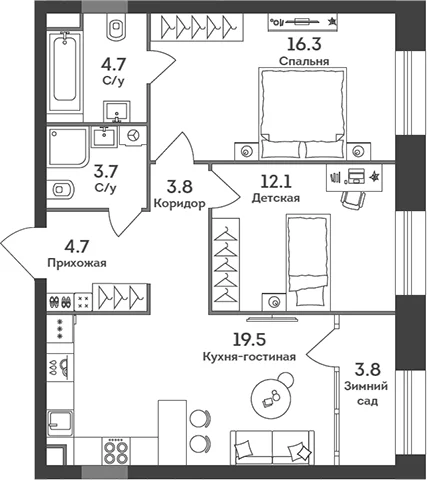 Планировка: Евротрёшка 64,8 м² в ЖК «ЭРА»