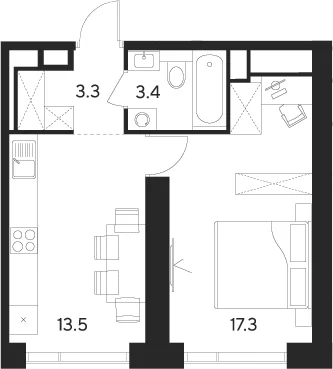 Планировка: 1-комнатная квартира 37,5 м² в ЖК «Инди Тауэрз от Аквилон»