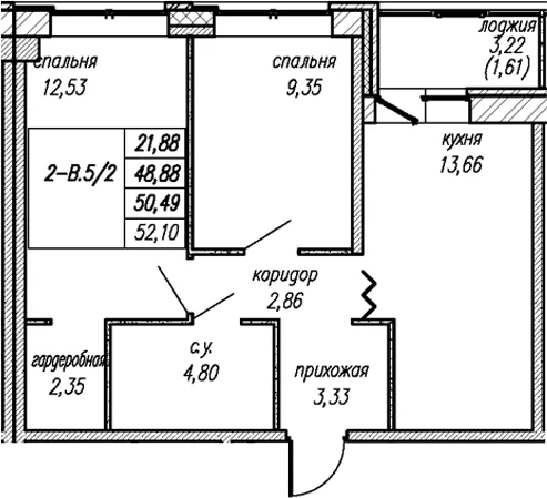 Планировка: 2-комнатная квартира 48,9 м² в ЖК «Уютный Новоселье»