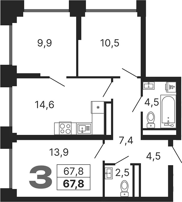Планировка: 3-комнатная квартира 67,8 м² в ЖК «Бестселлер»