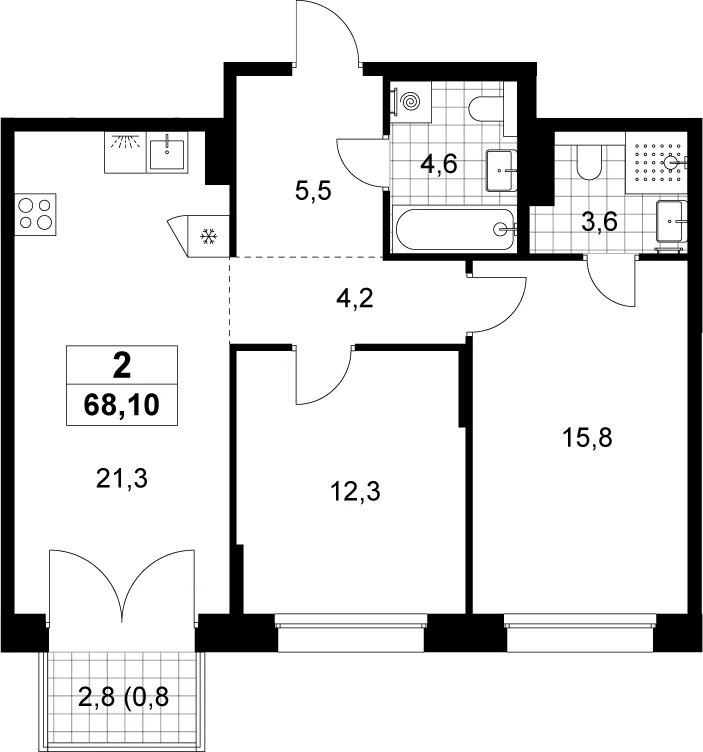 Планировка: Евротрёшка 67,3 м² в ЖК «Хольм»