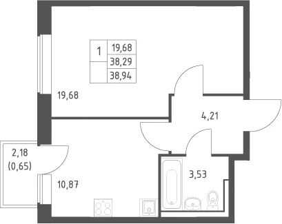 Планировка: 1-комнатная квартира 38,3 м² в ЖК «Большое Юрлово»
