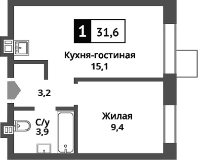 Планировка: Евродвушка 31,6 м² в ЖК «Никольский квартал Отрада»