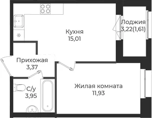 Планировка: Евродвушка 34,3 м² в ЖК «Новатория»