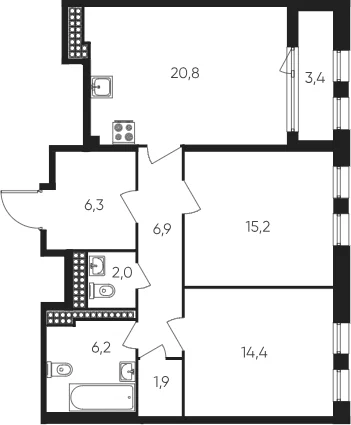 Планировка: Евротрёшка 73,7 м² в ЖК «Дефанс»