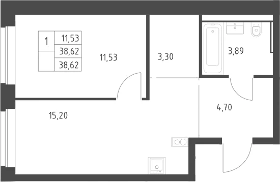 Планировка: Евродвушка 38,6 м² в ЖК «Литературный Квартал»