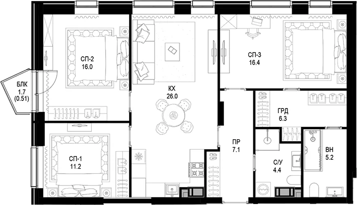 Планировка: 3-комнатная квартира 92,6 м² в ЖК Трилогия «Кристалл»