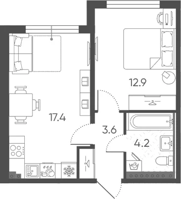 Планировка: Евродвушка 38,1 м² в ЖК «Пулково Лейк»