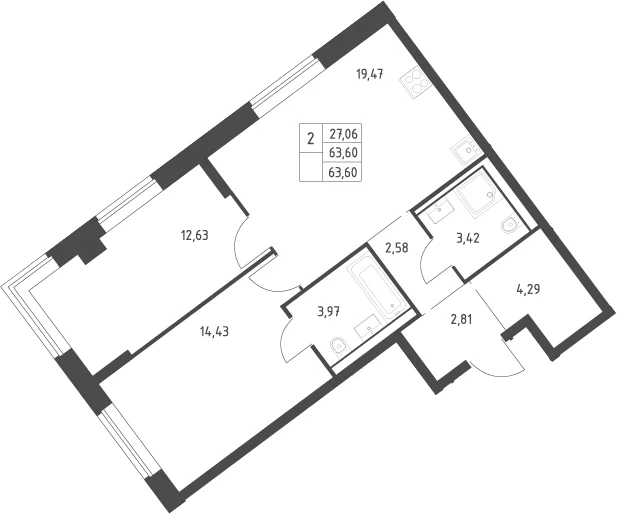 Планировка: Евротрёшка 63,6 м² в ЖК «Литературный Квартал»