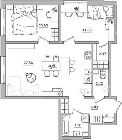 Планировка: Евротрёшка 65,1 м² в ЖК «Тишин»