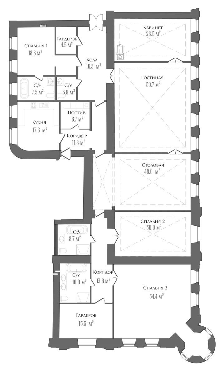 Планировка: 6-комнатная квартира 354,7 м² в ЖК «Три Грации»