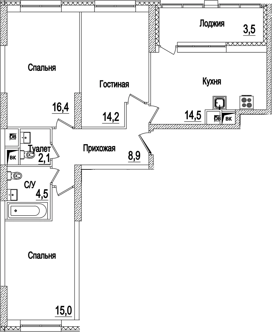 Планировка: 3-комнатная квартира 75,9 м² в ЖК «Рассказово»