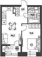 Планировка: Евродвушка 34,4 м² в ЖК «Новый Питер»