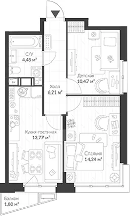 Планировка: 2-комнатная квартира 49,2 м² в ЖК «ВЕРЕН НОРТ Cертолово»