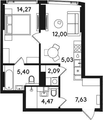 Планировка: Евродвушка 50,9 м² в ЖК «СОЛОС»