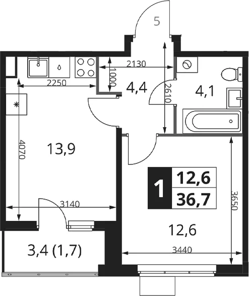 Планировка: 1-комнатная квартира 35 м² в ЖК «1-й Ясеневский»