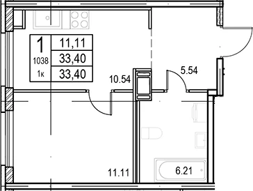 Планировка: 1-комнатная квартира 33,4 м² в ЖК «ID Murino III»