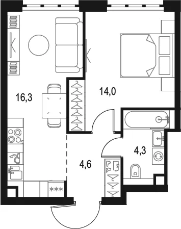 Планировка: 1-комнатная квартира 39,2 м² в ЖК «Левел Южнопортовая»