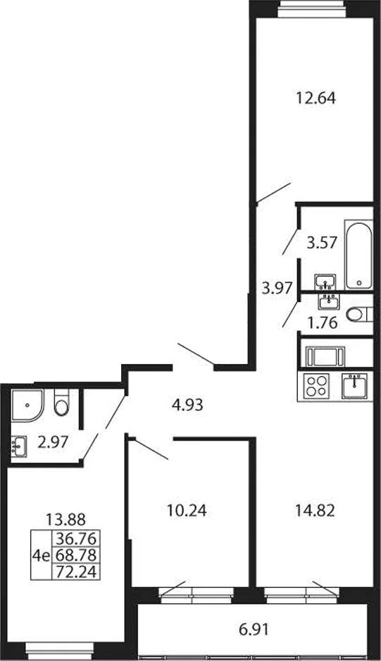 Планировка: Квартира евро-4 68,8 м² в ЖК «Полис Новоселье»