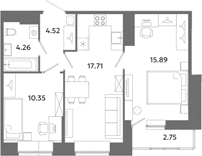 Планировка: Евротрёшка 52,7 м² в ЖК «Загляденье»