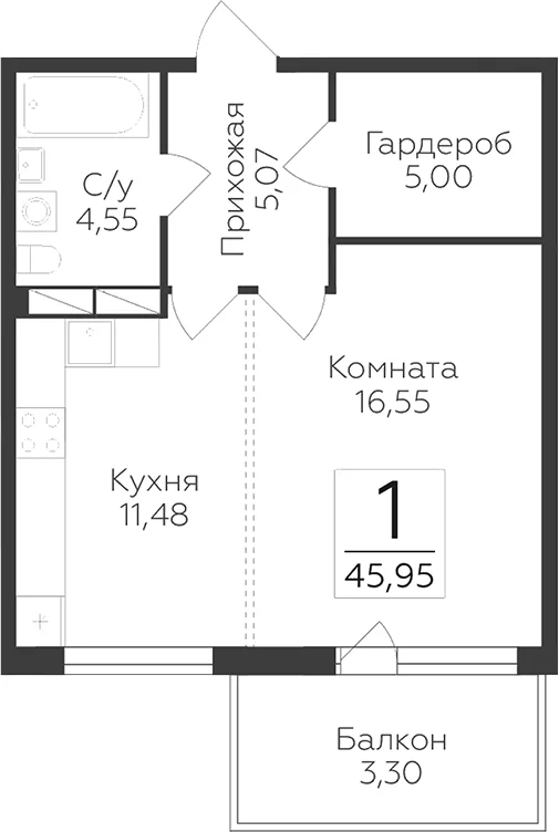 Планировка: 1-комнатная квартира 42,7 м² в ЖК «Финский квартал»