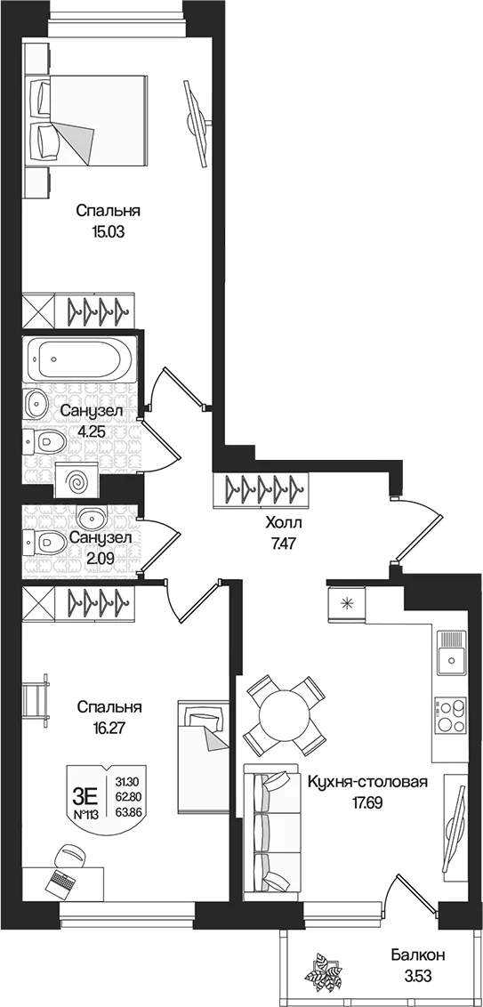Планировка: Евротрёшка 62,8 м² в ЖК «Охтинские высоты»