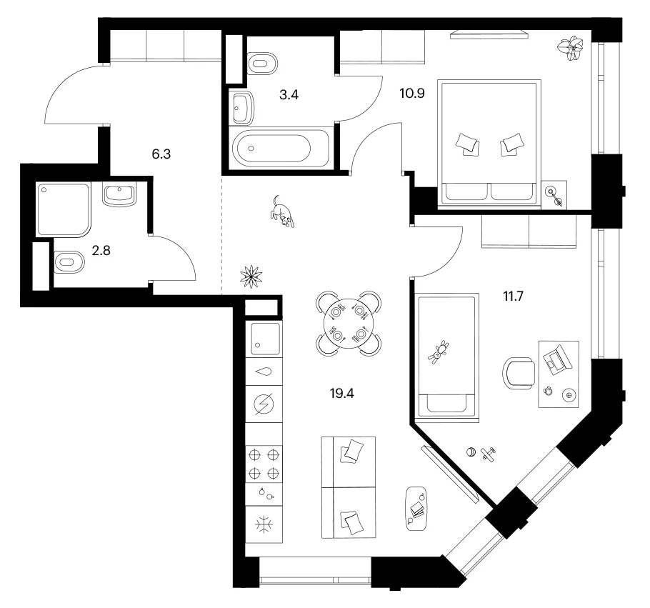 Планировка: 2-комнатная квартира 54,5 м² в ЖК «Лосиноостровский парк»