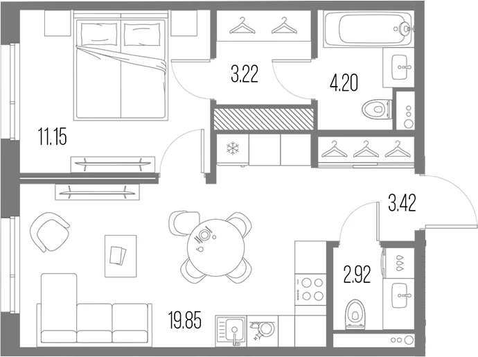 Планировка: Евродвушка 44,8 м² в ЖК «Легенда Васильевского»