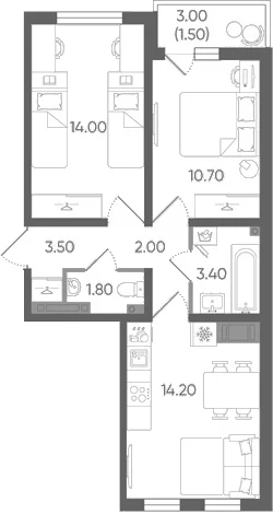 Планировка: Евротрёшка 49,6 м² в ЖК «Цветной город»