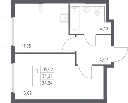Планировка: 1-комнатная квартира 34,2 м² в ЖК «Пригород Лесное»