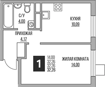Планировка: Евродвушка 32,3 м² в ЖК «Гранель Притяжение Сити»