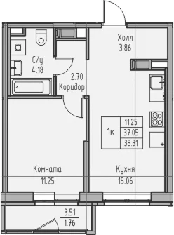 Планировка: Евродвушка 36,1 м² в ЖК «Юнтолово»