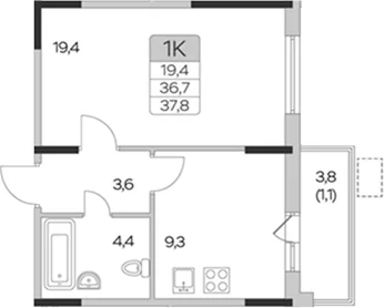 Планировка: 1-комнатная квартира 36,7 м² в ЖК «Пироговская ривьера»