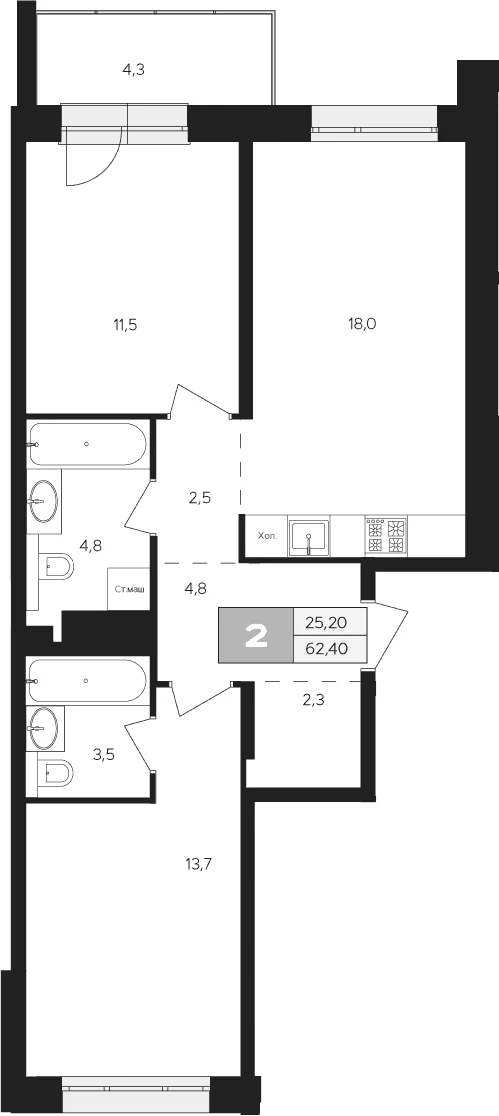 Планировка: 2-комнатная квартира 61,1 м² в ЖК «Ласточкино»