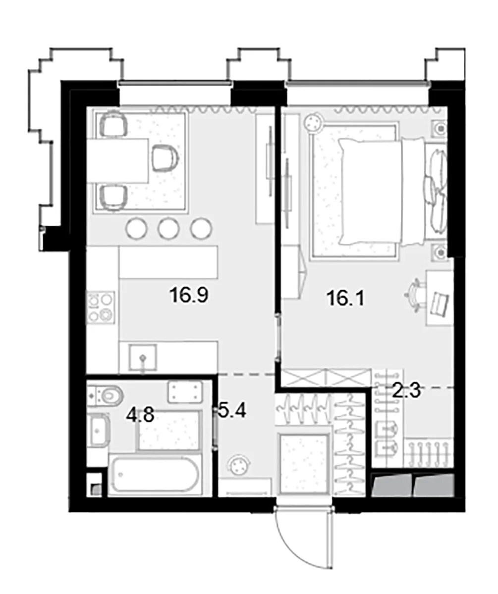 Планировка: 1-комнатная квартира 45,5 м² в ЖК «Высотка на Жукова»