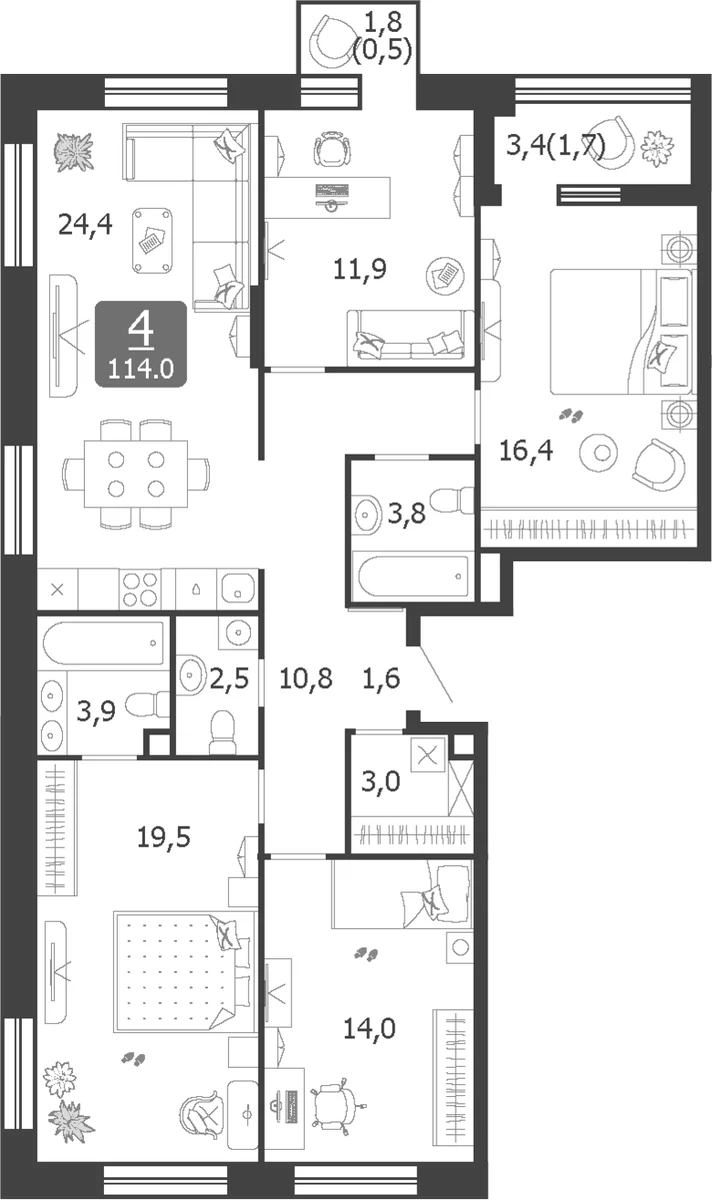 Планировка: Квартира евро-5 111,8 м² в ЖК «Шагал»