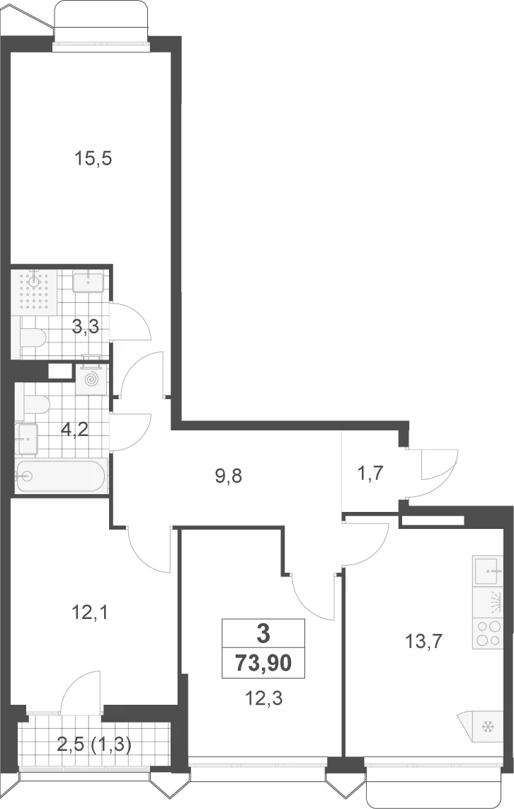 Планировка: 3-комнатная квартира 72,6 м² в ЖК «Деснаречье»