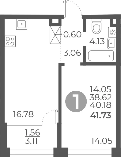 Планировка: 1-комнатная квартира 38,6 м² в ЖК «Мневники от Гранель»