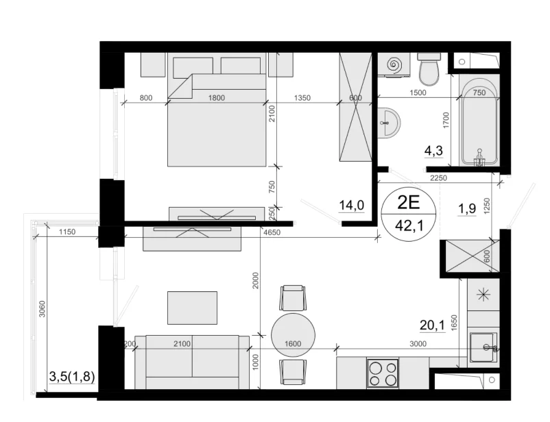 Планировка: Евродвушка 40,3 м² в ЖК «Одинцовские Кварталы Эволюция»