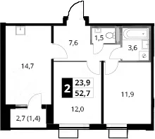 Планировка: 2-комнатная квартира 51,3 м² в ЖК «1-й Донской»
