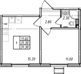 Планировка: 1-комнатная квартира 31,3 м² в ЖК «Ржевский парк»