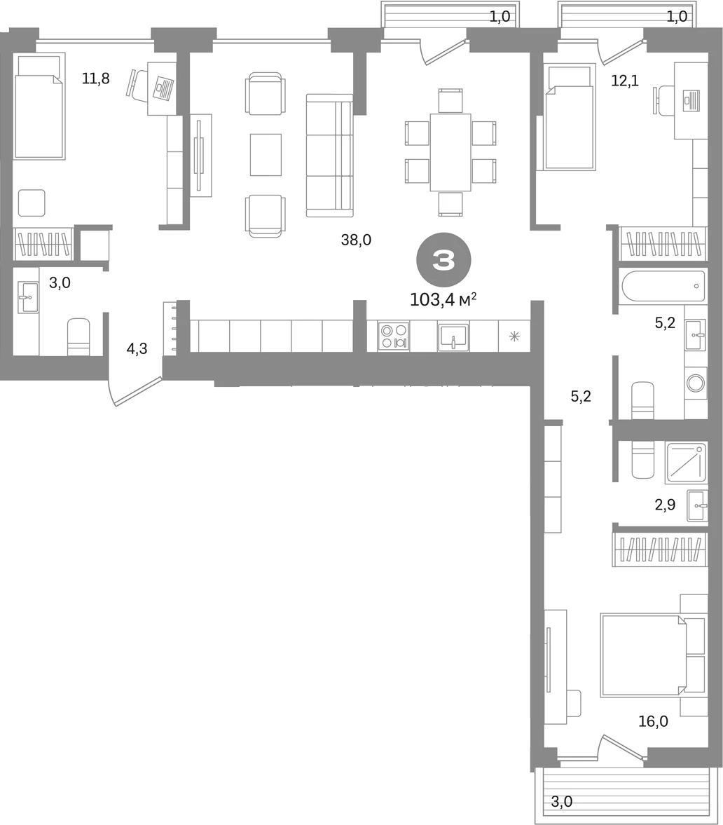 Планировка: 3-комнатная квартира 98,4 м² в ЖК «Первый квартал. Вторая очередь»