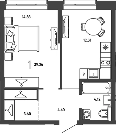 Планировка: 1-комнатная квартира 39,3 м² в ЖК «Страна.Парковая»