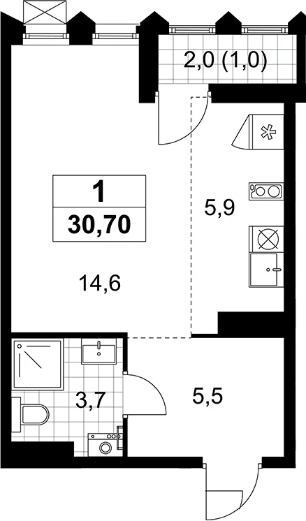 Планировка: Студия 29,7 м² в ЖК «Деснаречье»