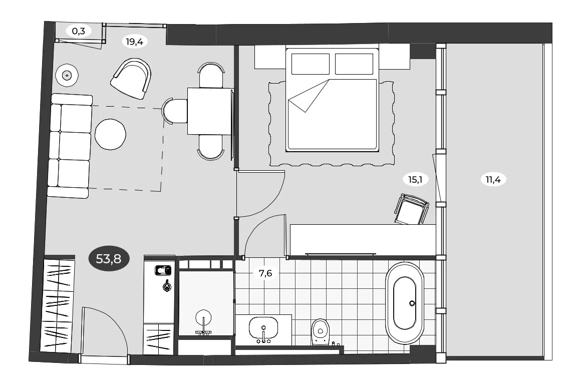 Планировка: Евродвушка 42,1 м² в ЖК «Инвест-Курорт МЕСТО Рощино»
