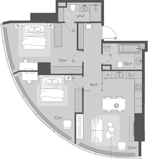 Планировка: Евротрёшка 85,1 м² в ЖК «ОНЕ»