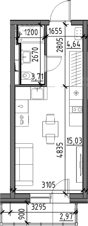 Планировка: Студия 23,4 м² в ЖК «Догма Юкки»