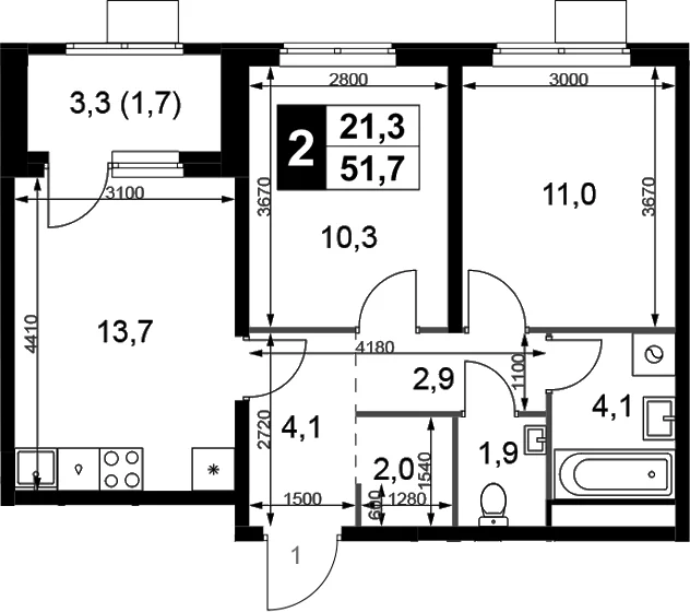 Планировка: 2-комнатная квартира 50 м² в ЖК «1-й Химкинский»