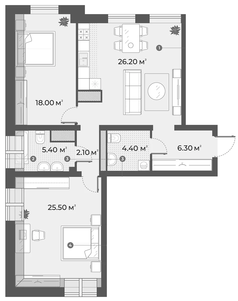 Планировка: Евротрёшка 87,9 м² в ЖК «AURA»