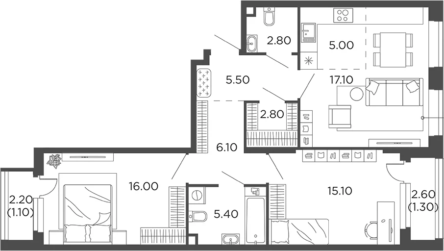 Планировка: Евротрёшка 75,8 м² в ЖК «Филатов Луг»